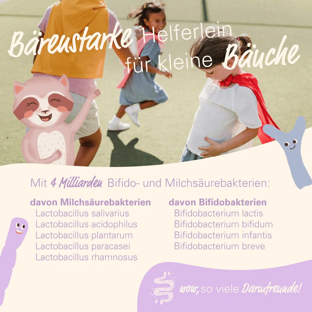 Illustraties van kinderen. Tekst: Met 4 miljard bifido- en melkzuurbacteriën. Opsomming van bacteriestammen.