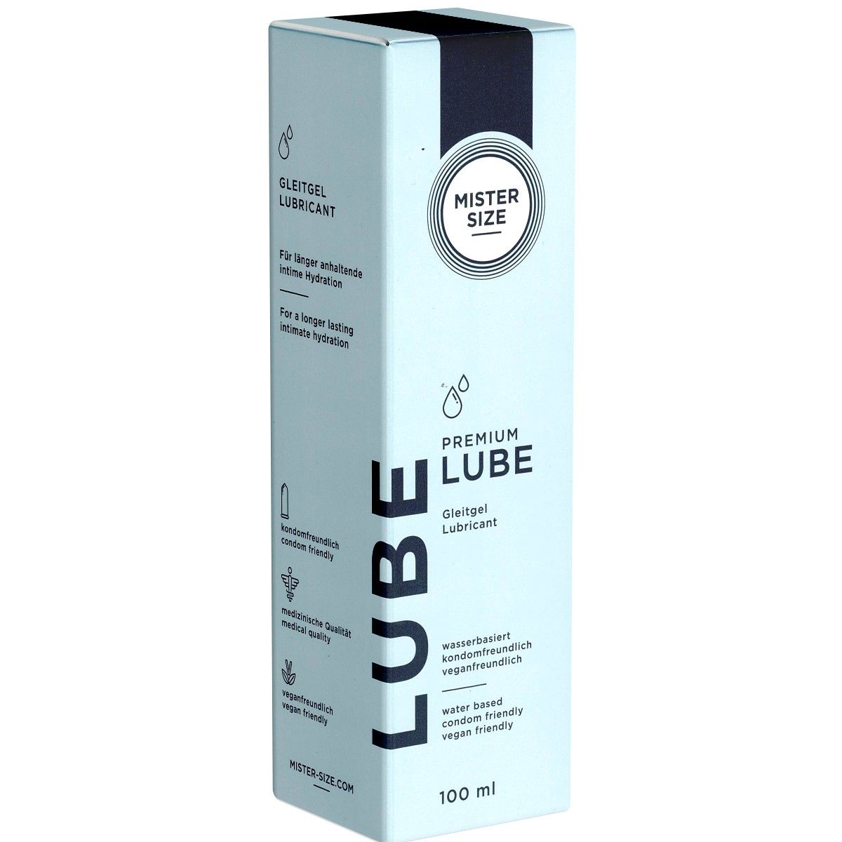 Lichtblauwe doos met zwarte streep. Opschrift: Mister Size Premium Lube. Tekst: Glijmiddel, op waterbasis, veganistisch, 100 ml.