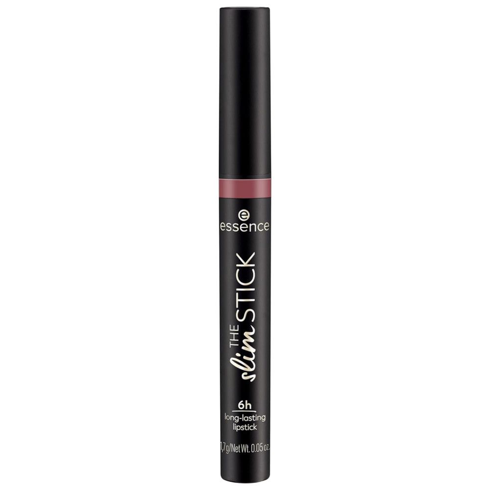 Rouge à lèvres Essence The Slim Stick. Étui noir, rouge à lèvres rose. Nom du produit et logo visibles.