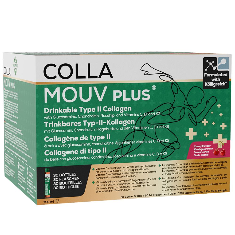 Verpakking van Colla Mouv Plus Drinkbaar Type II Collageen met Glucosamine, Chondroïtine, Rozenbottel en Vitaminen C, D, K2.