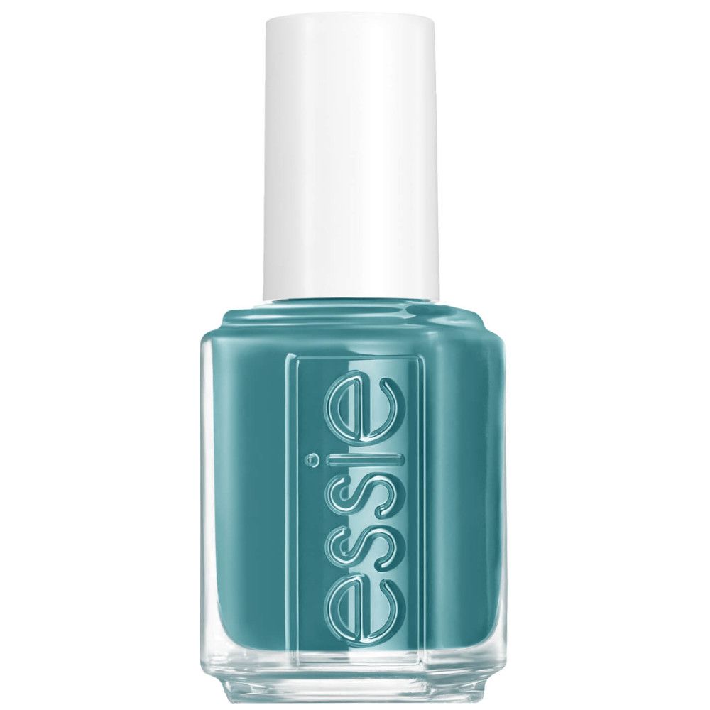 Turquoise nagellakflesje met witte dop. Opschrift "essie" op de voorkant.