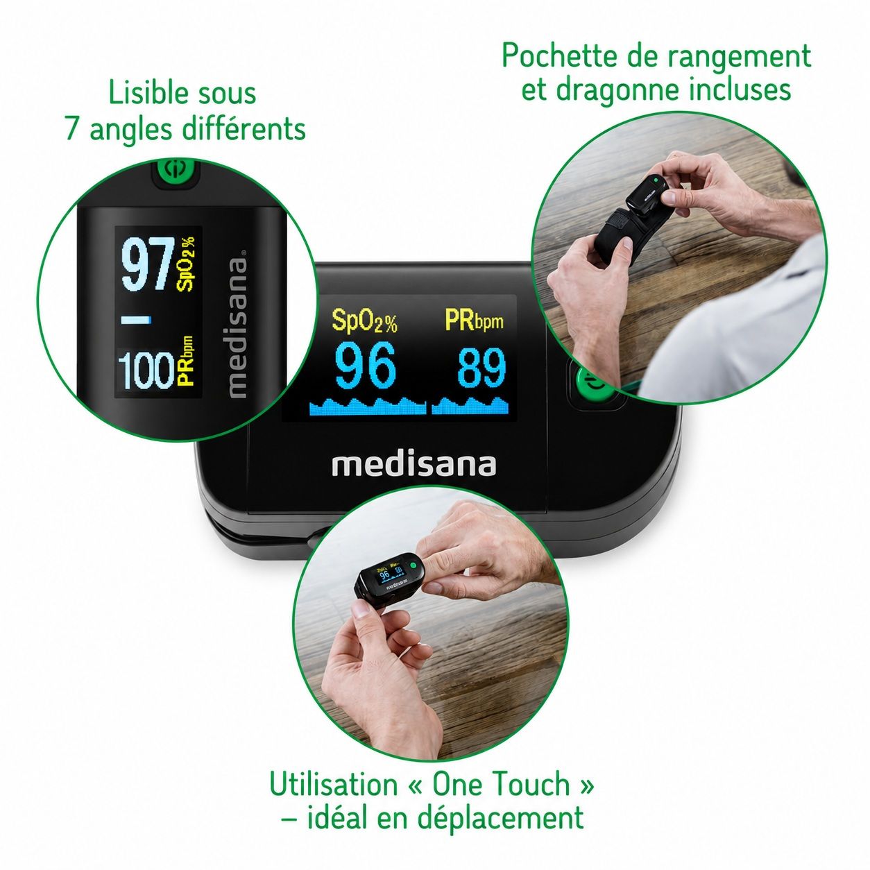 Oxymètre de pouls medisana : utilisation "One Touch", pochette, lisibilité "7 angles".