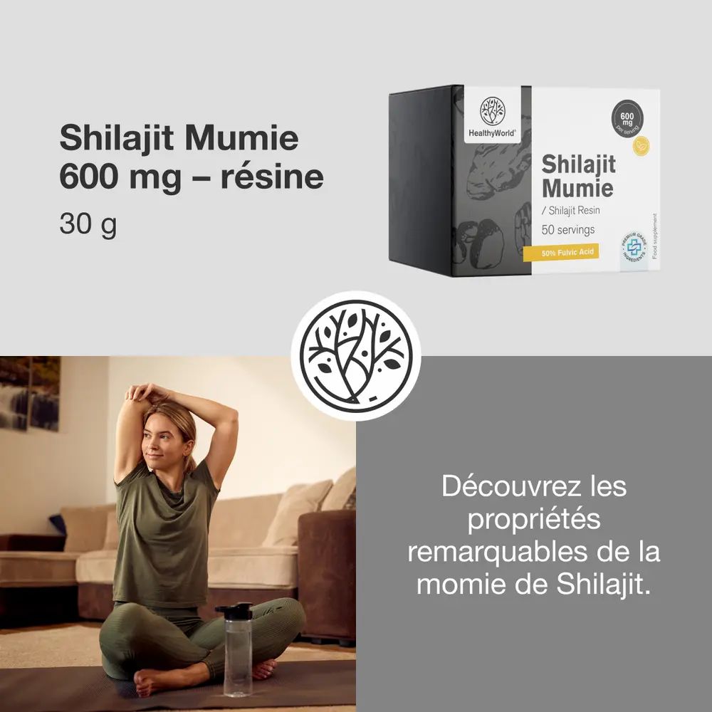 HealthyWorld Shilajit Mumie 600 mg résine: Résine ayurvédique, acide fulvique. Plusieurs emballages.