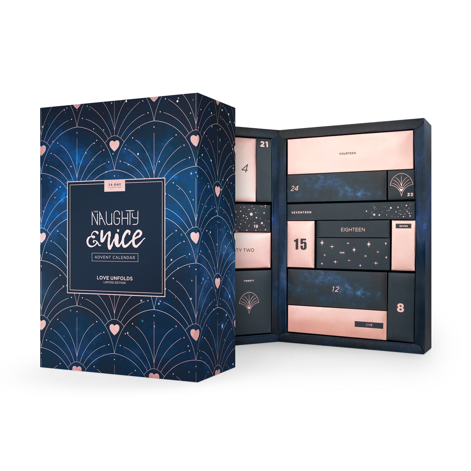 Adventskalender met geopende deuren. Blauwe en roze elementen. Opschrift: Naughty & Nice Adventskalender.