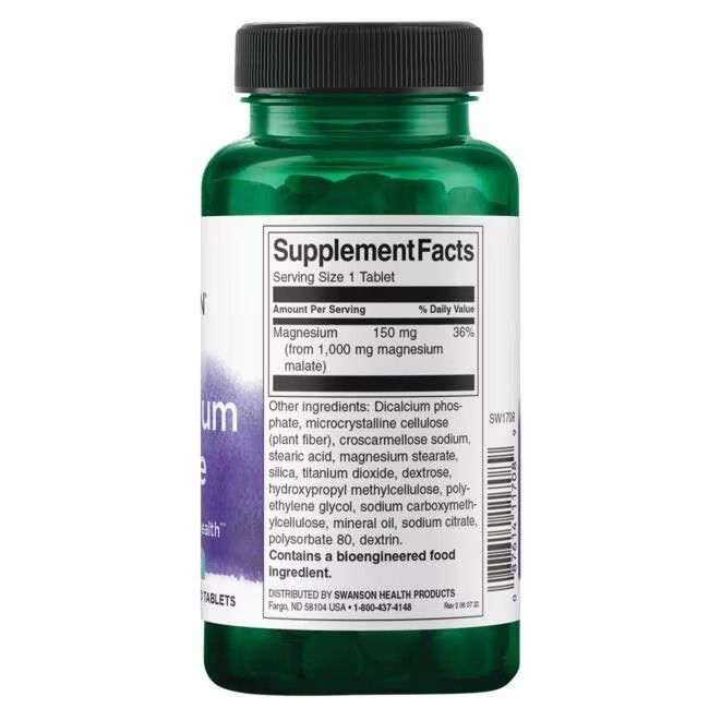 Vue arrière d'un flacon vert avec bouchon noir. Étiquette avec informations nutritionnelles. Contient 150 mg de magnésium par portion.