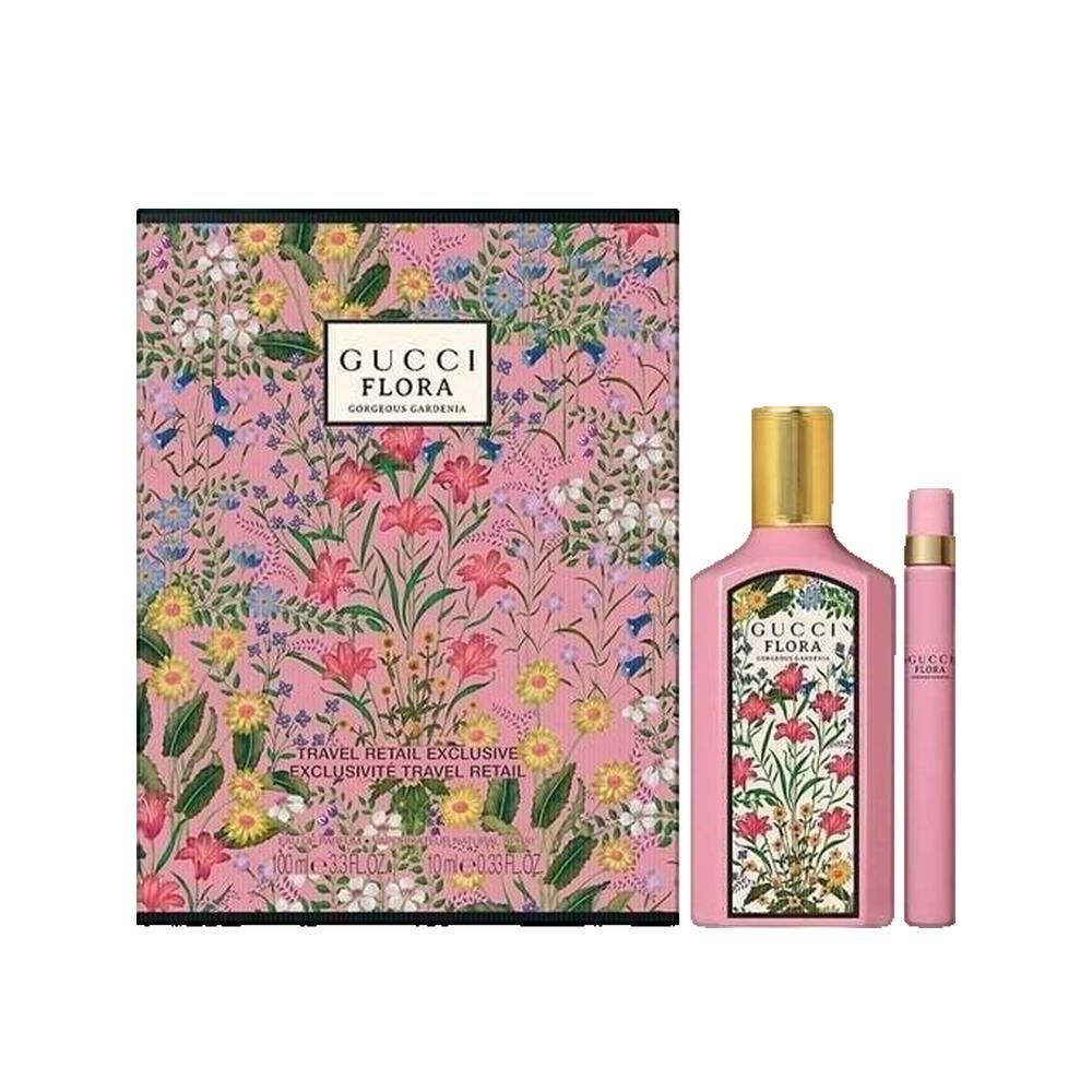 Gucci Flora Gorgeous Gardenia Parfum Femme. Roze fles met gouden dop, roze verstuiver en bloemenverpakking.
