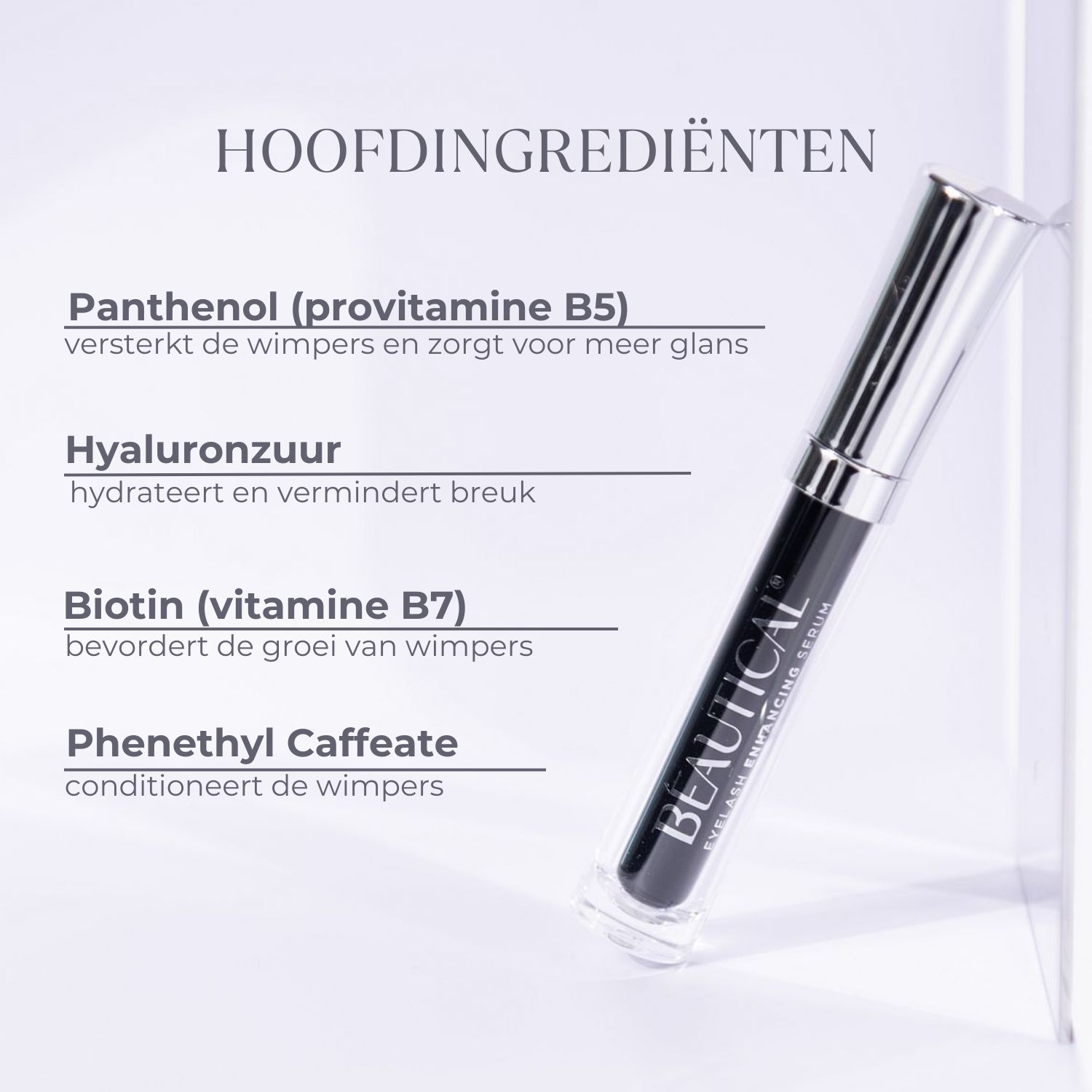 BEAUTICAL wimperserum. Zwarte fles met applicator. Zilveren dop. Voordelen.