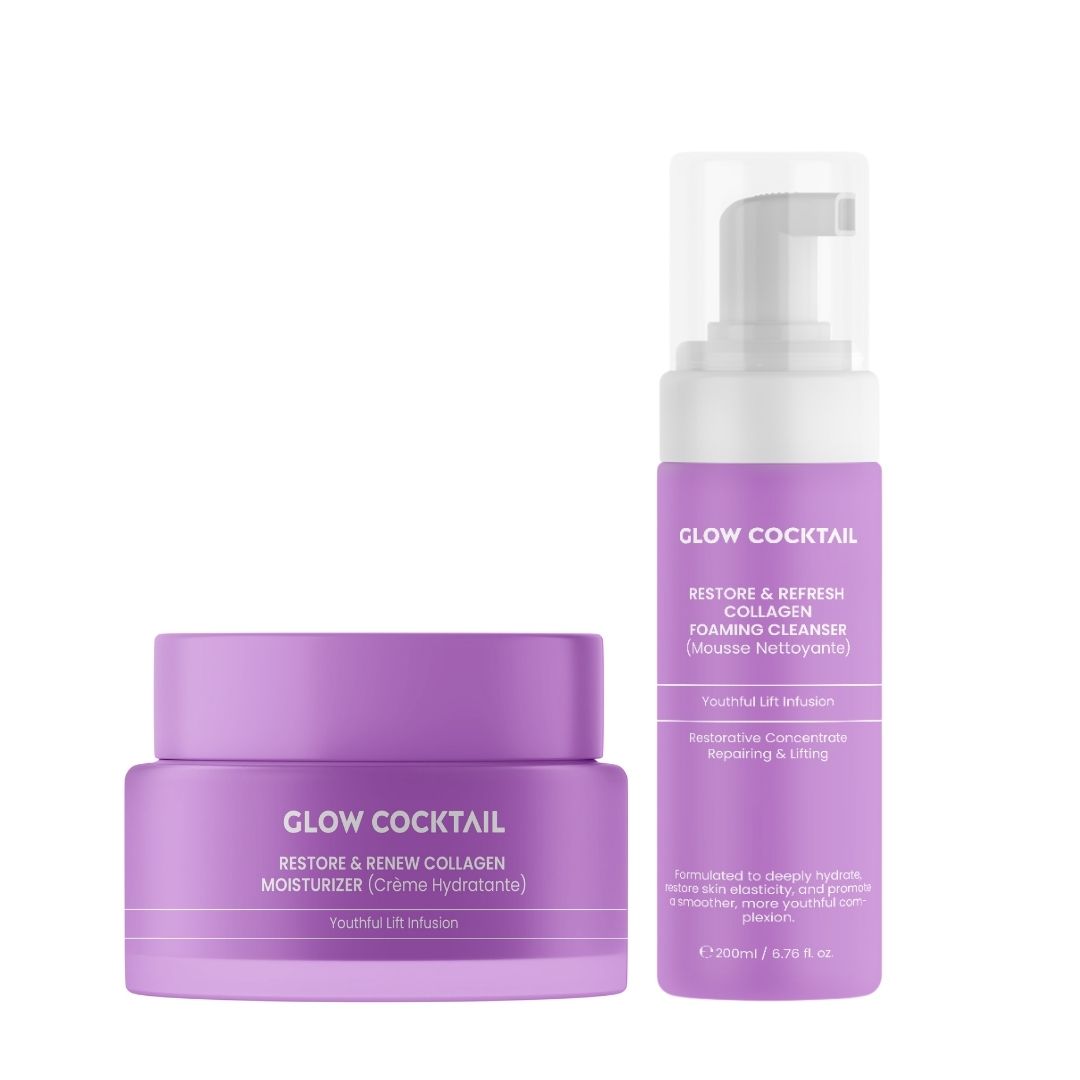Twee paarse cosmetische producten: vochtinbrengende crème en reinigingsschuim. Beide dragen de naam Glow Cocktail en productinformatie.