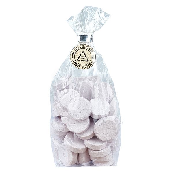 Sachet de comprimés ronds et clairs. Emballage transparent, avec sceau et impression.