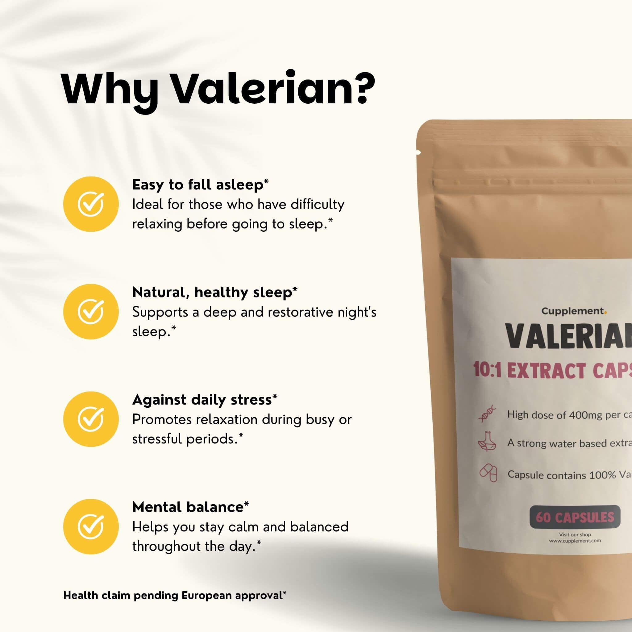 Sachet de gélules d'extrait de valériane 10:1. Texte : Facile de s'endormir, sommeil naturel, contre le stress quotidien, équilibre mental.