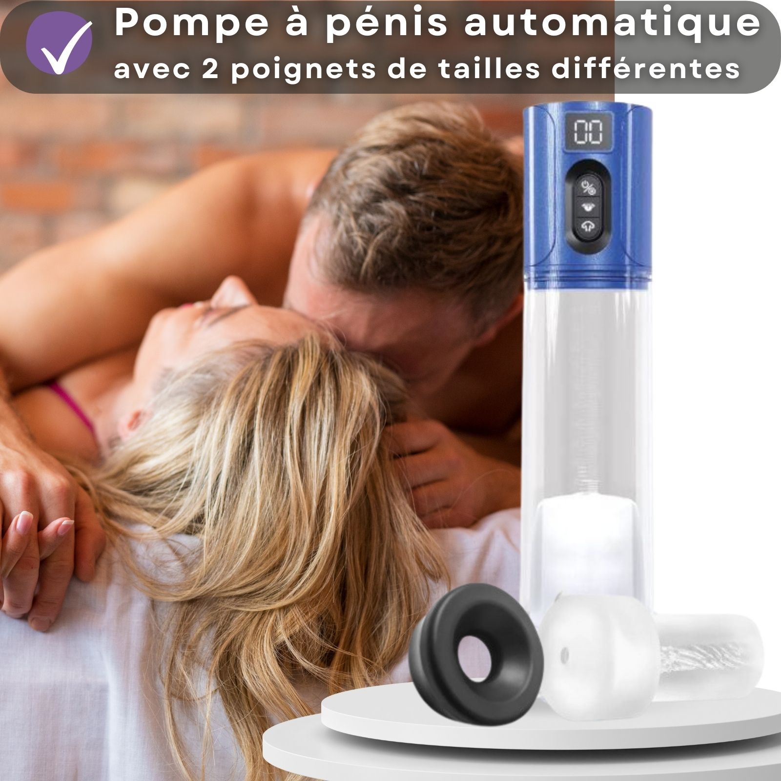 Pompe à pénis automatique avec deux manchons. Couple en arrière-plan. Écran numérique. Design bleu.