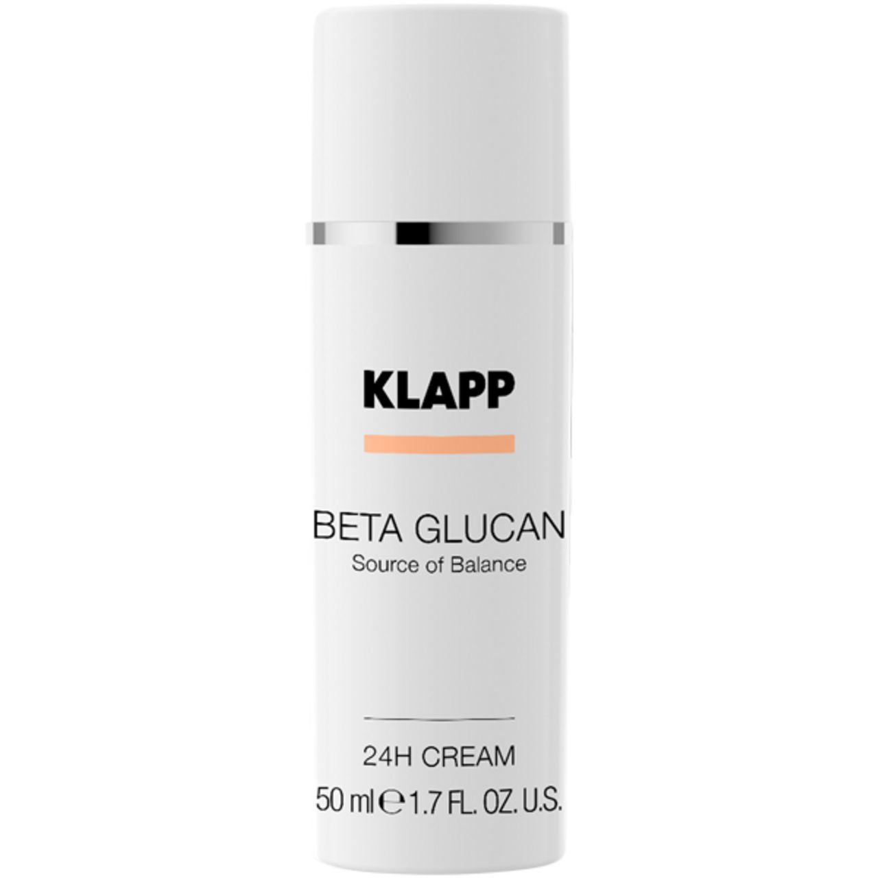 Witte fles met zilveren ring. Opschrift: KLAPP, Beta Glucan, Source of Balance, 24H CREAM. 50 ml.