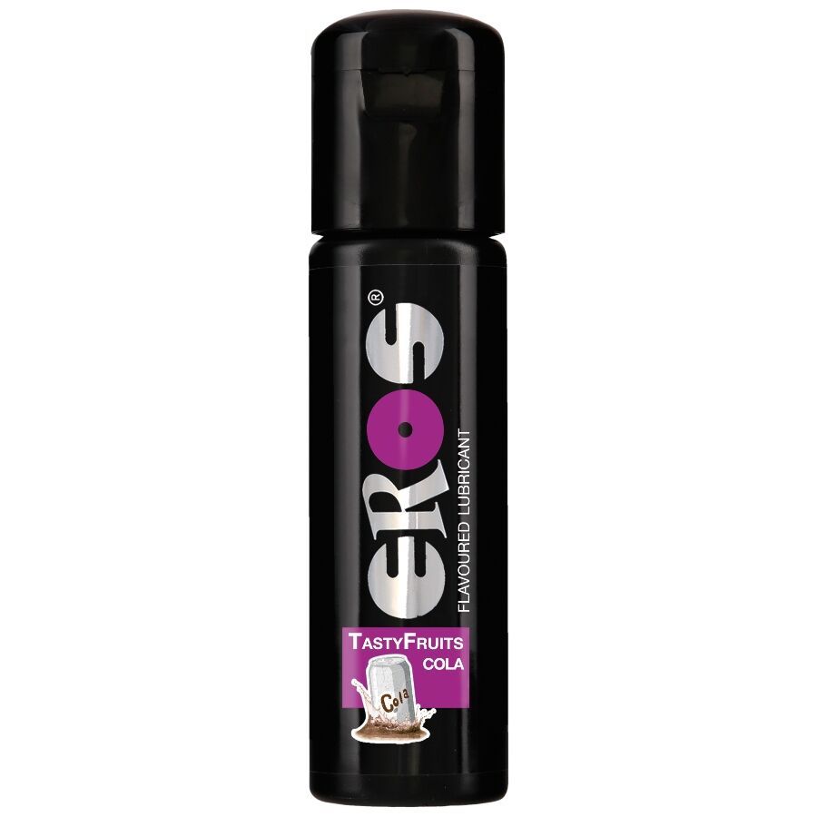 Lubrifiant EROS Tasty Fruits Cola dans une bouteille noire avec capuchon.