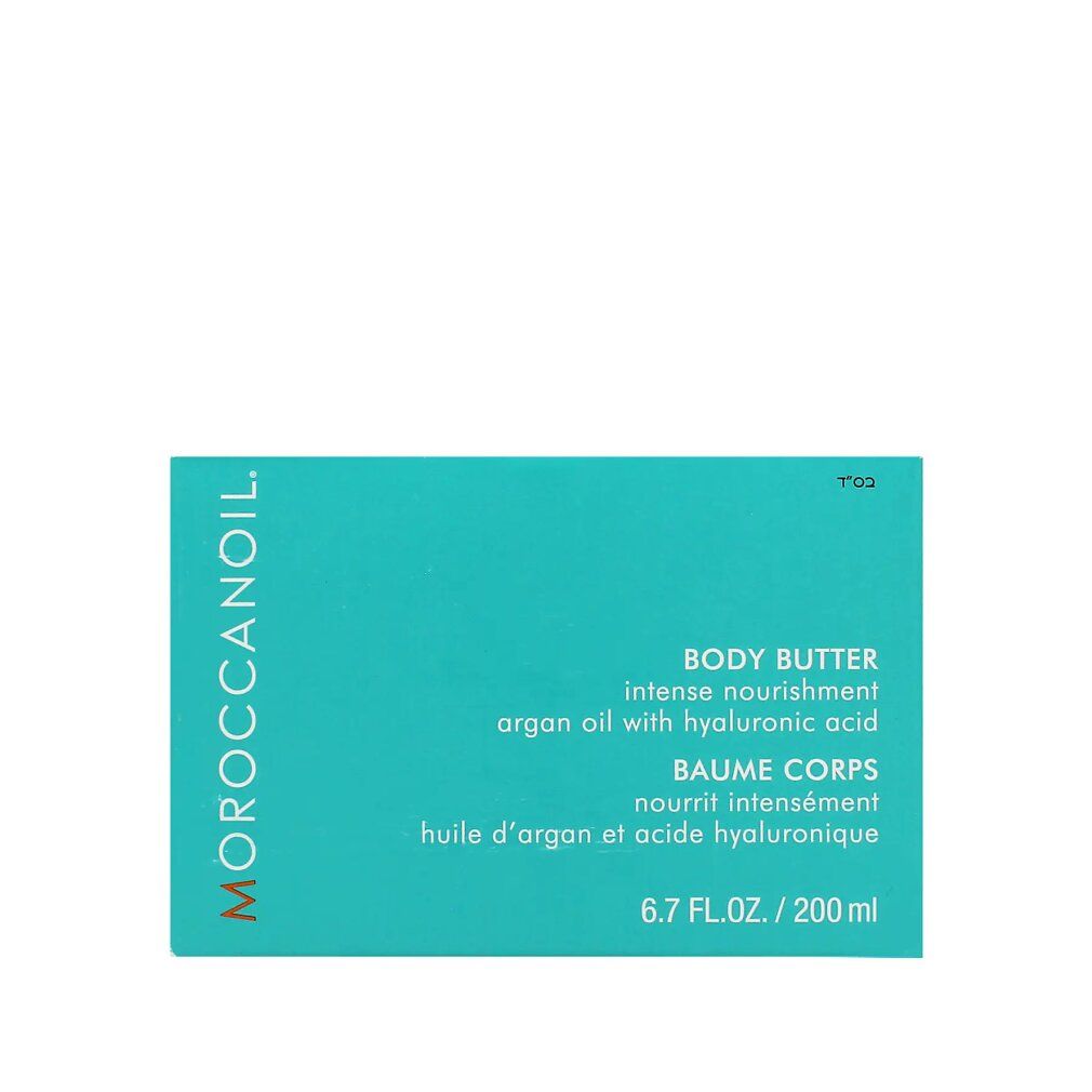 Turquoise verpakking. Opschrift: Body Butter, arganolie met hyaluronzuur. Merk: MOROCCANOIL. 200 ml.