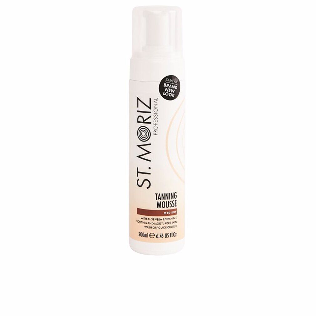 Flacon blanc avec pompe. Inscription: St. Moriz Professional, Mousse bronzante, Medium. Avec Aloe Vera & Vitamine E. 200ml.
