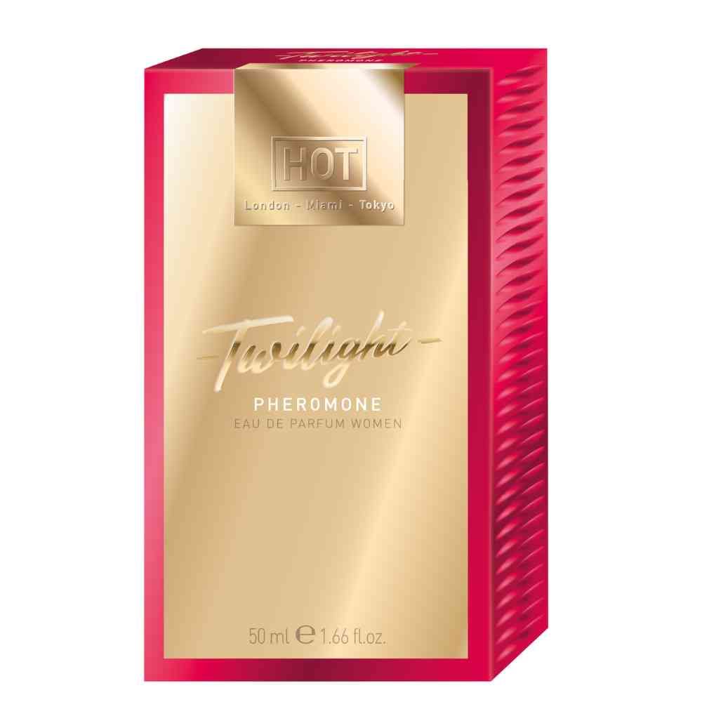 Doos van Twilight Pheromone Parfum voor dames, goudkleurig met rode accenten.