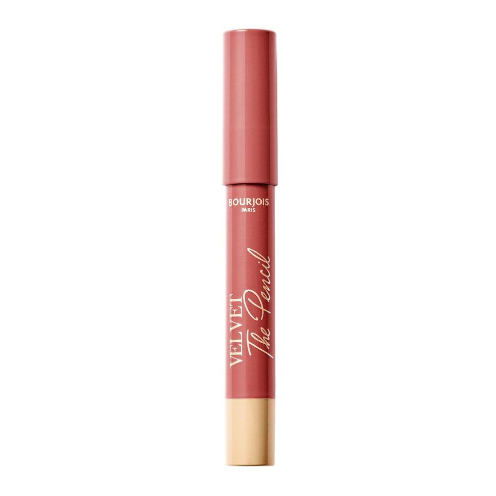 Roze-bruin potlood met gouden punt en dop. Opschrift: VELVET The Pencil, Bourjois Paris.