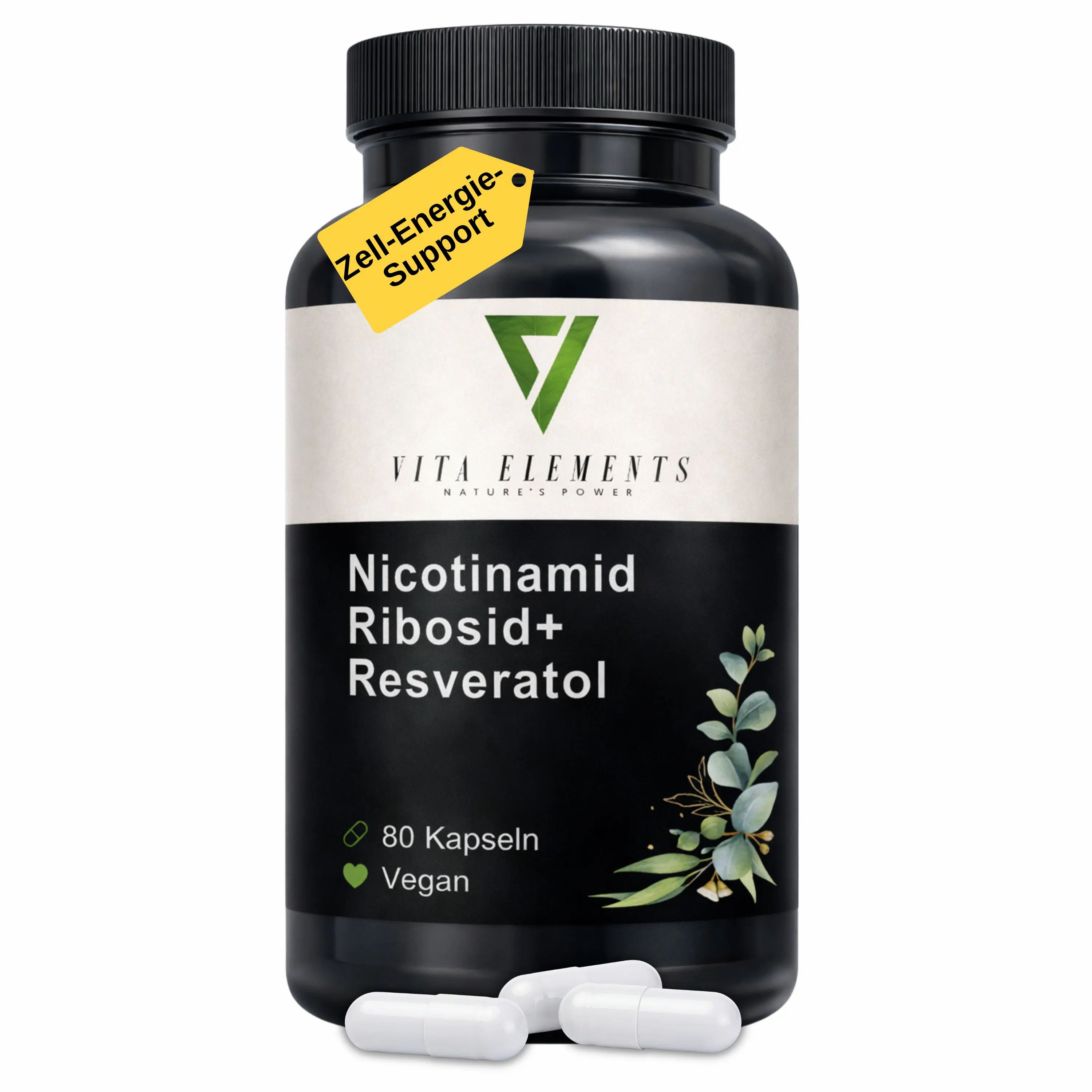 Boîte noire de capsules Vita Elements Nicotinamide Riboside+ Resveratrol, 80 pièces, véganes.