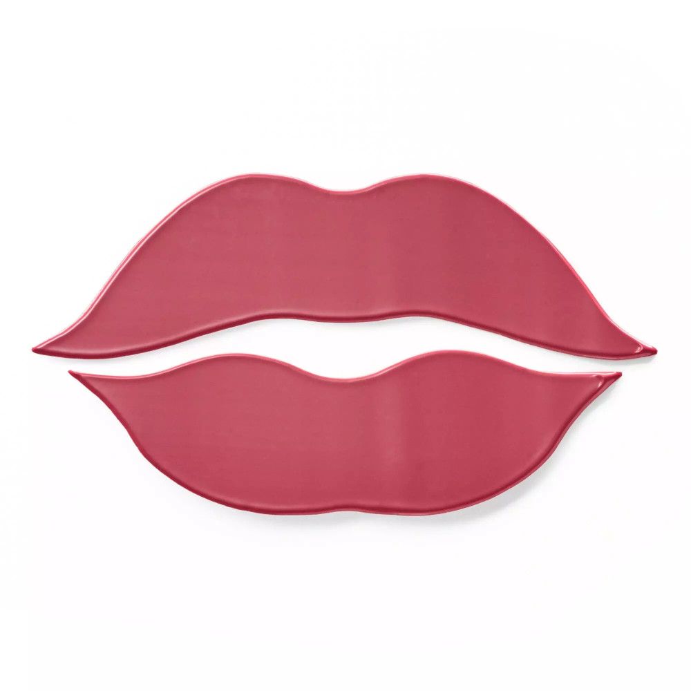 Deux coussinets en forme de lèvres roses sur fond blanc.