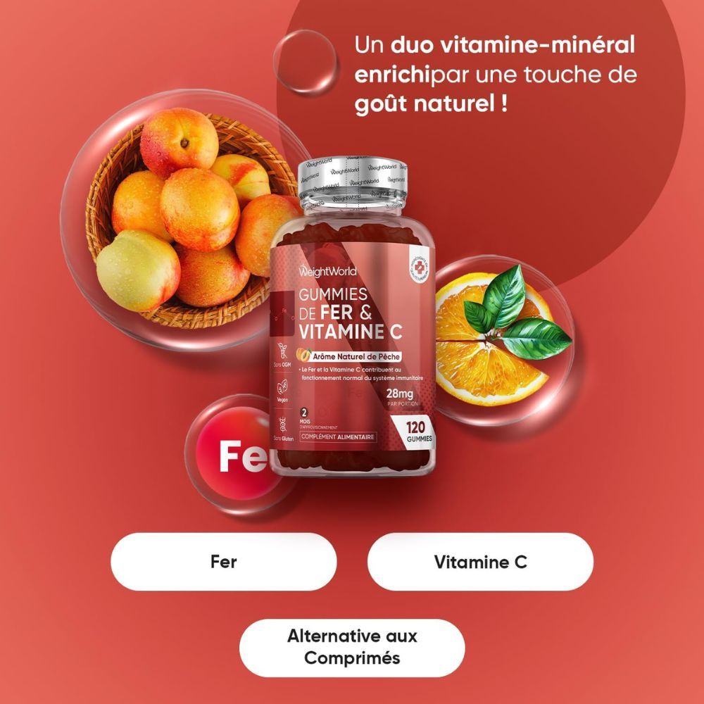 WeightWorld Gummies Fer et Vitamine C. Une bouteille, des pêches et des oursons en gélatine sont représentés.