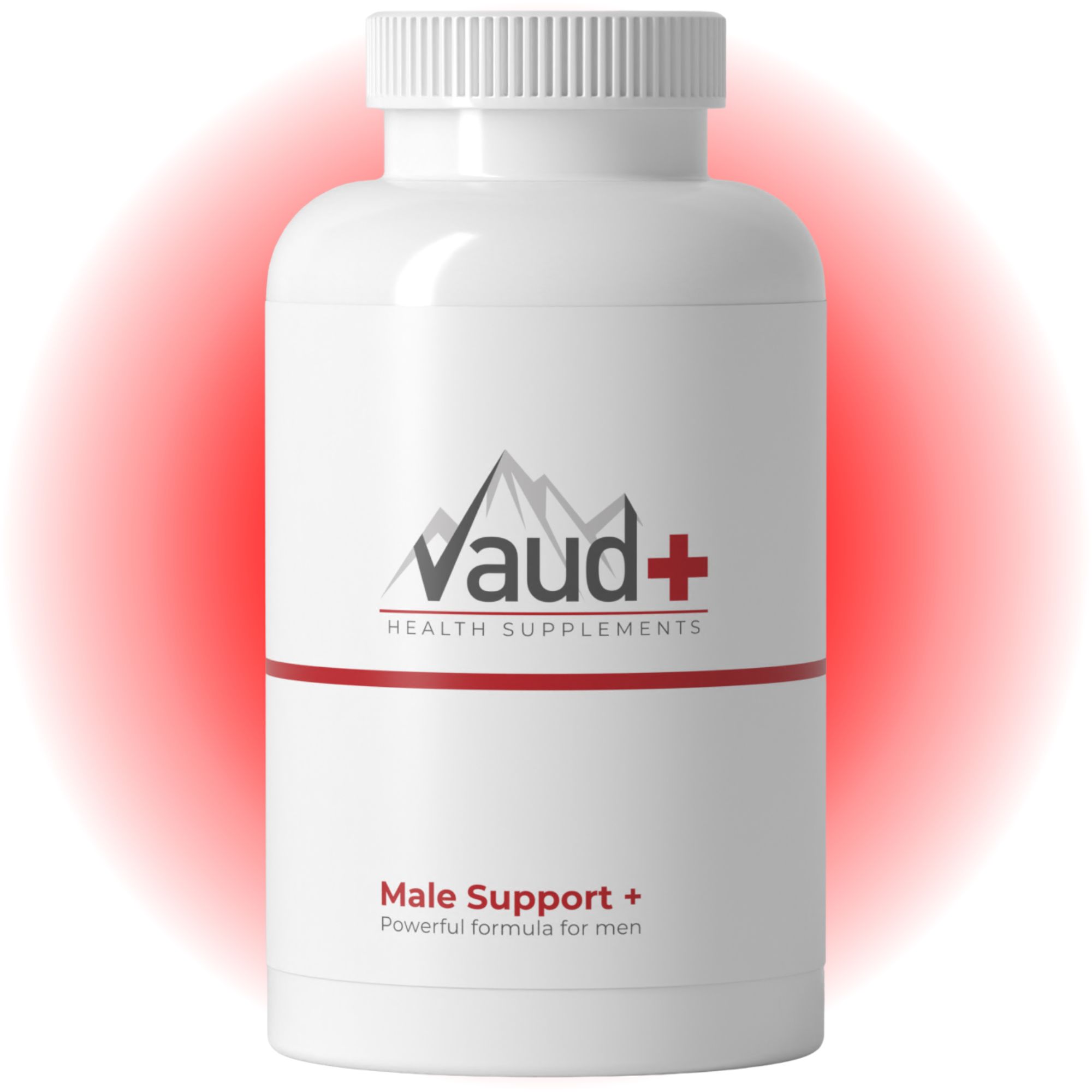 Witte fles met capsules. Opschrift: Vaud+ Health Supplements, Male Support+. Rode achtergrond.