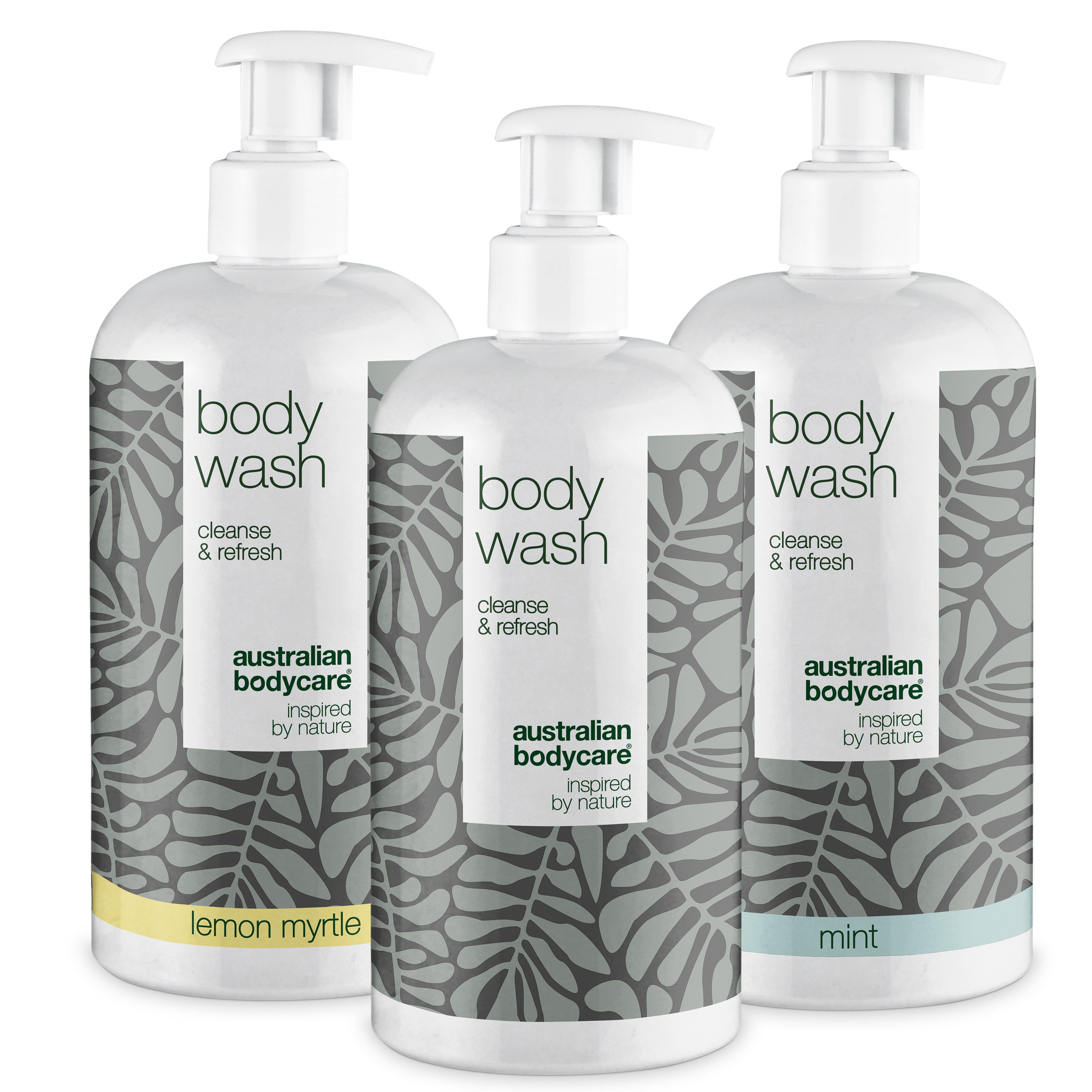 Trois flacons blancs avec pompe. Inscription : body wash, cleanse & refresh, australian bodycare. Différents parfums.