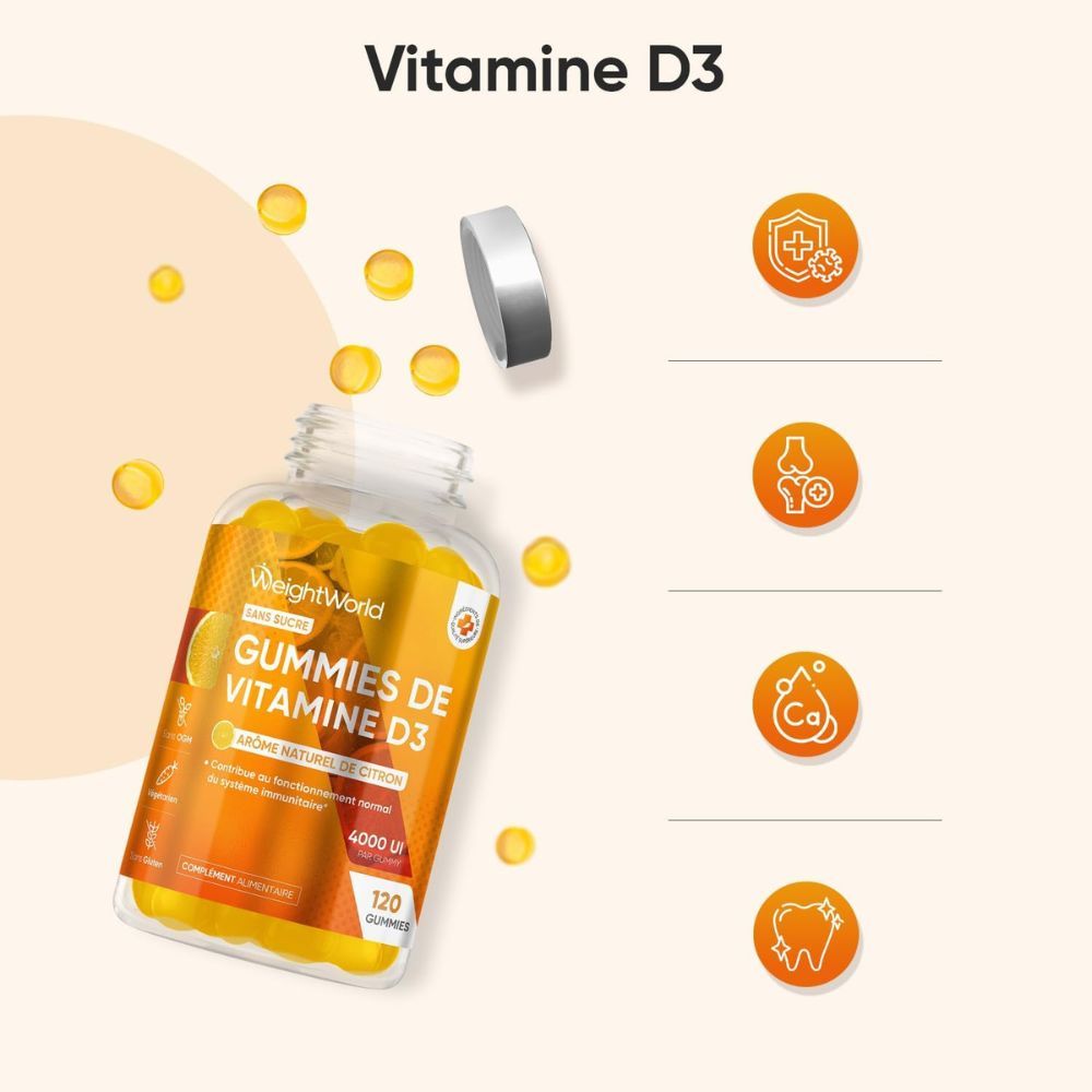 Flacon de gommes à la vitamine D3 avec des gommes jaunes. Texte: Vitamin D3, 4000 UI, 120 gommes.