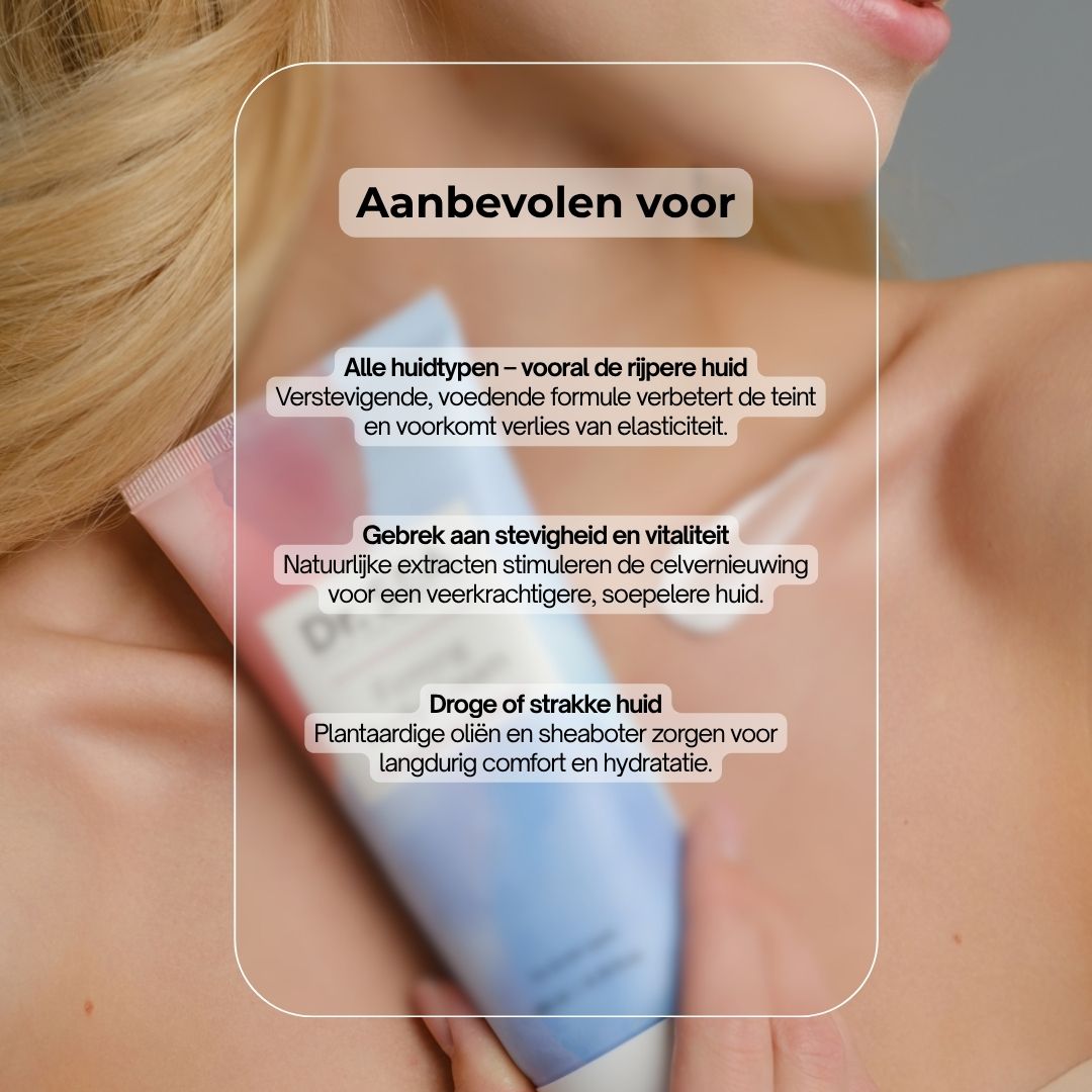 Bodycrèmetube voor een decolleté. Tekst: Dr. SEA, Firming Body Cream, Granaatappel & Gember. Aanbevolen voor...