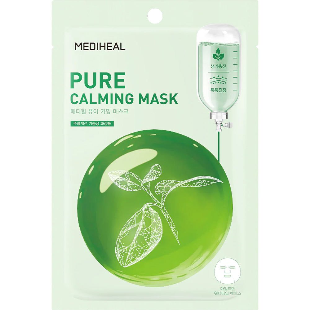 Masque facial vert avec inscription : MEDIHEAL Pure Calming Mask. Illustration d'une sphère verte avec des feuilles. Emballage avec dispositif de suspension.