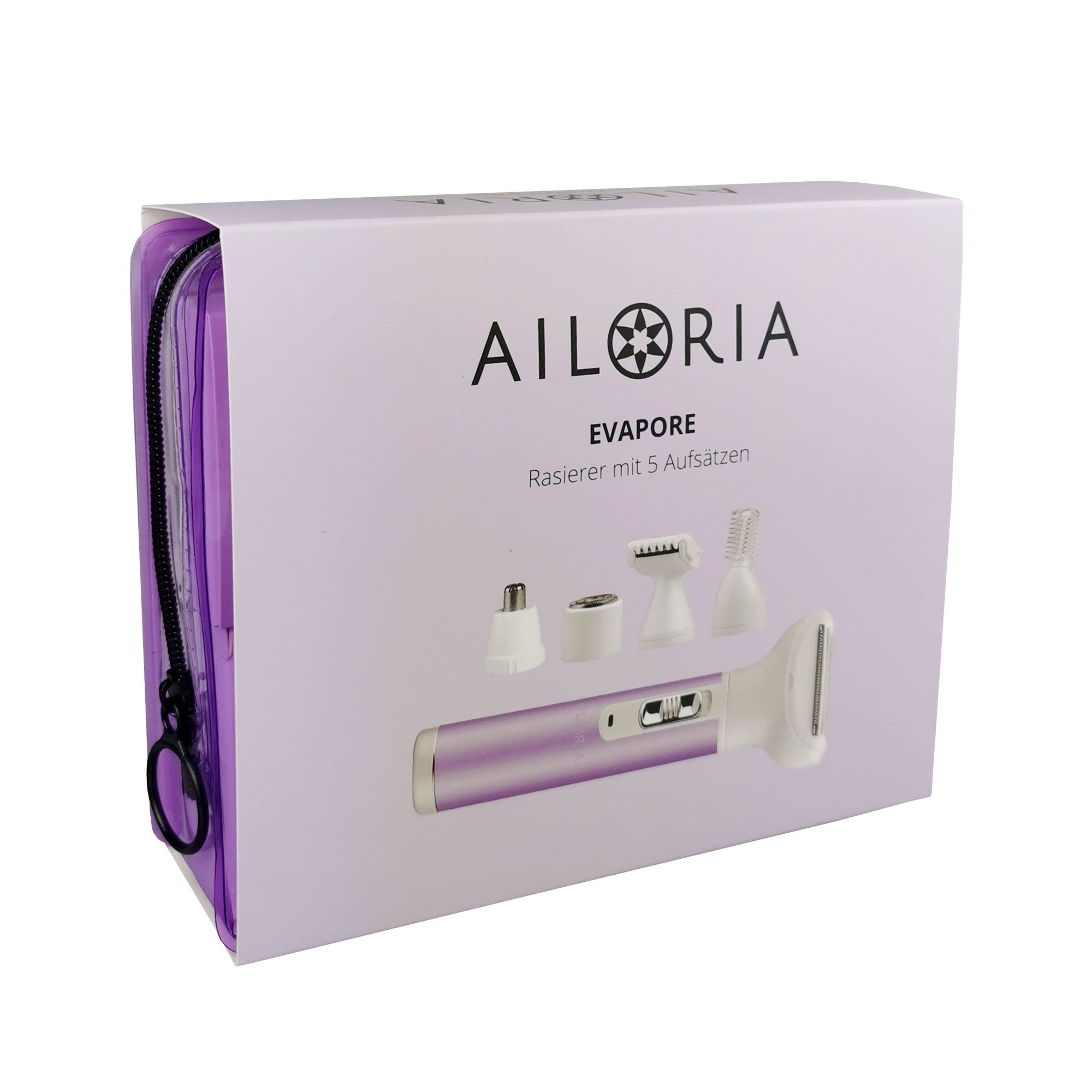 Emballage avec ensemble rasoir. Contient rasoir, accessoires et trousse. Logo AILORIA EVAPORE et nom du produit.