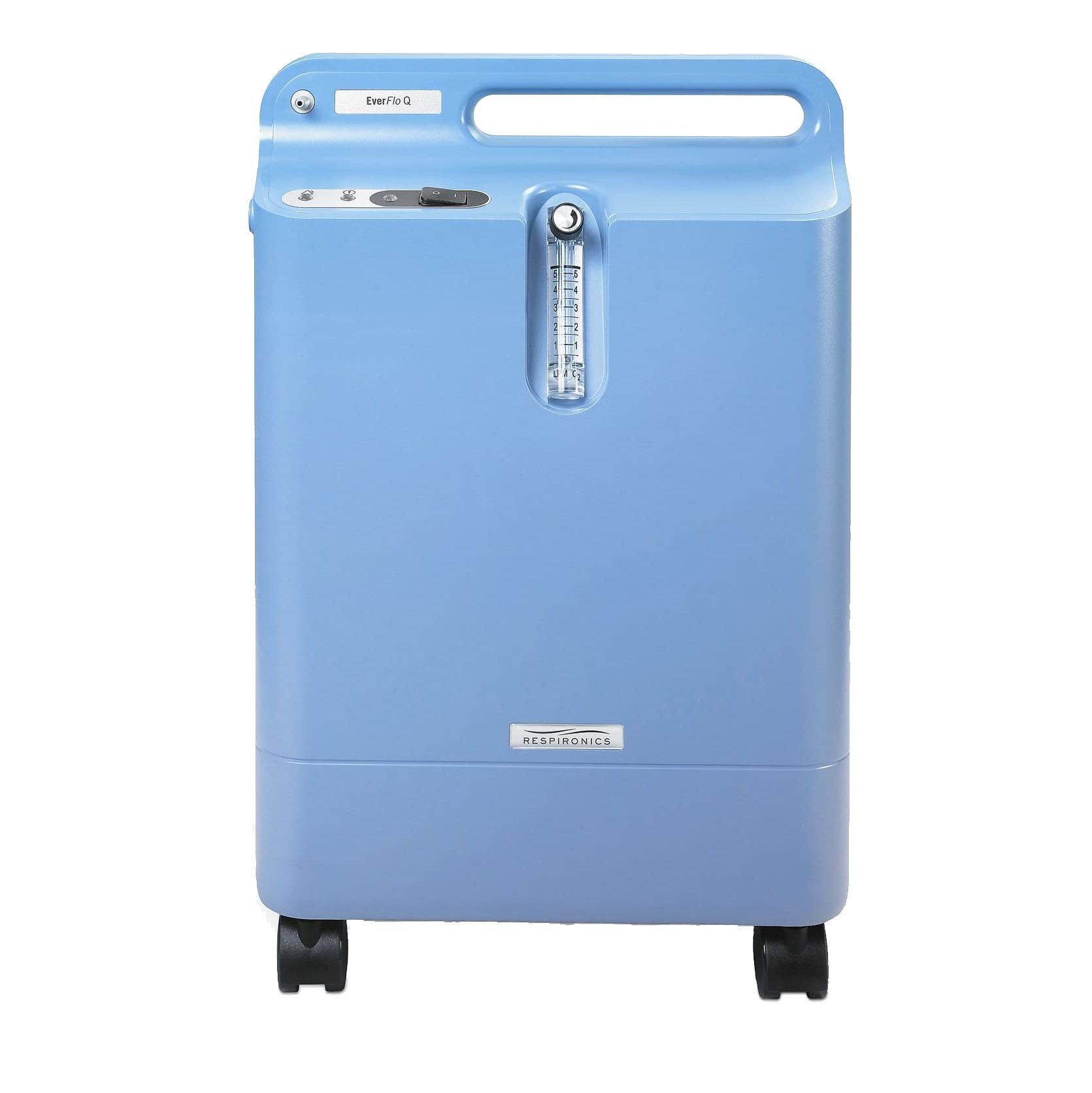 Concentrateur d'oxygène bleu avec poignée, roues et indicateur de mesure. Marque Respironics.