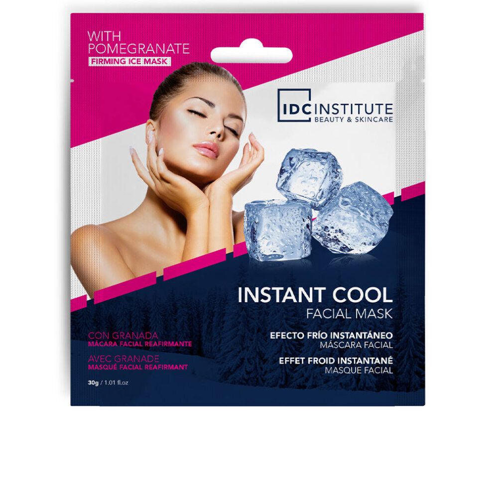 Masque facial IDC INSTITUTE INSTANT COOL, emballage. Femme, glaçons. Inscription: With Pomegranate, 30g/1.01 oz.