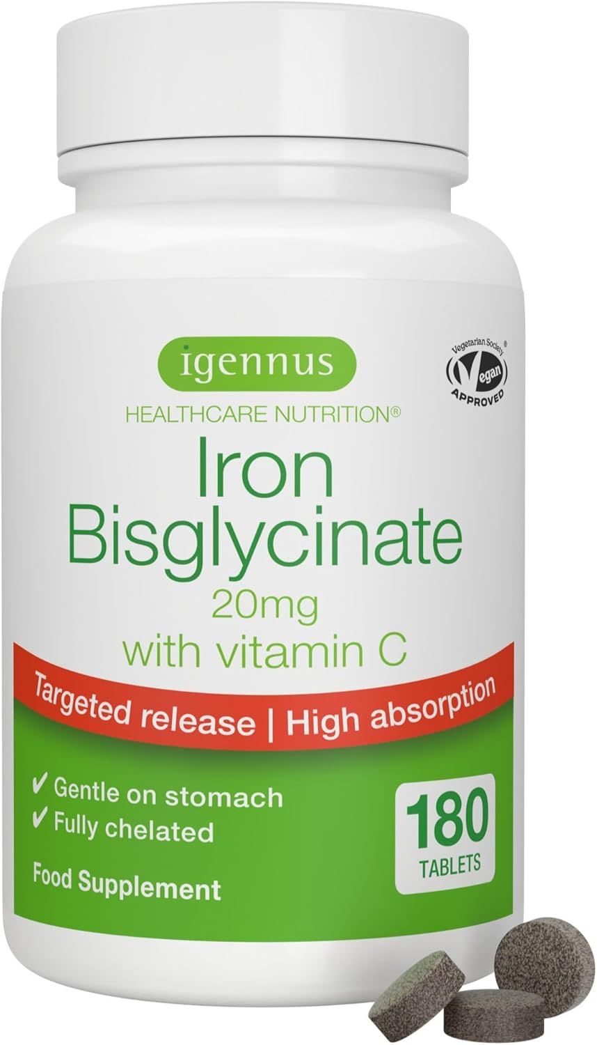 Fles Igennus Iron Bisglycinate 20mg met Vitamine C, 180 tabletten, met zegels.