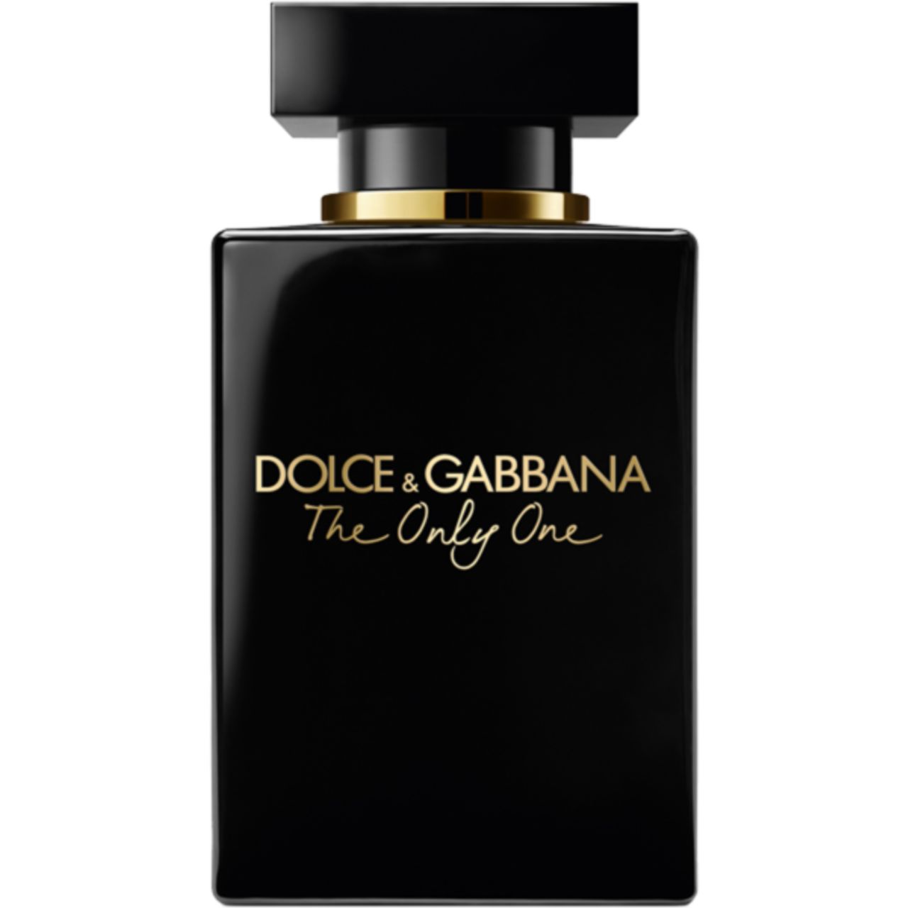Zwarte fles van Dolce & Gabbana The Only One Intense. Gouden belettering. Vierkante vorm.