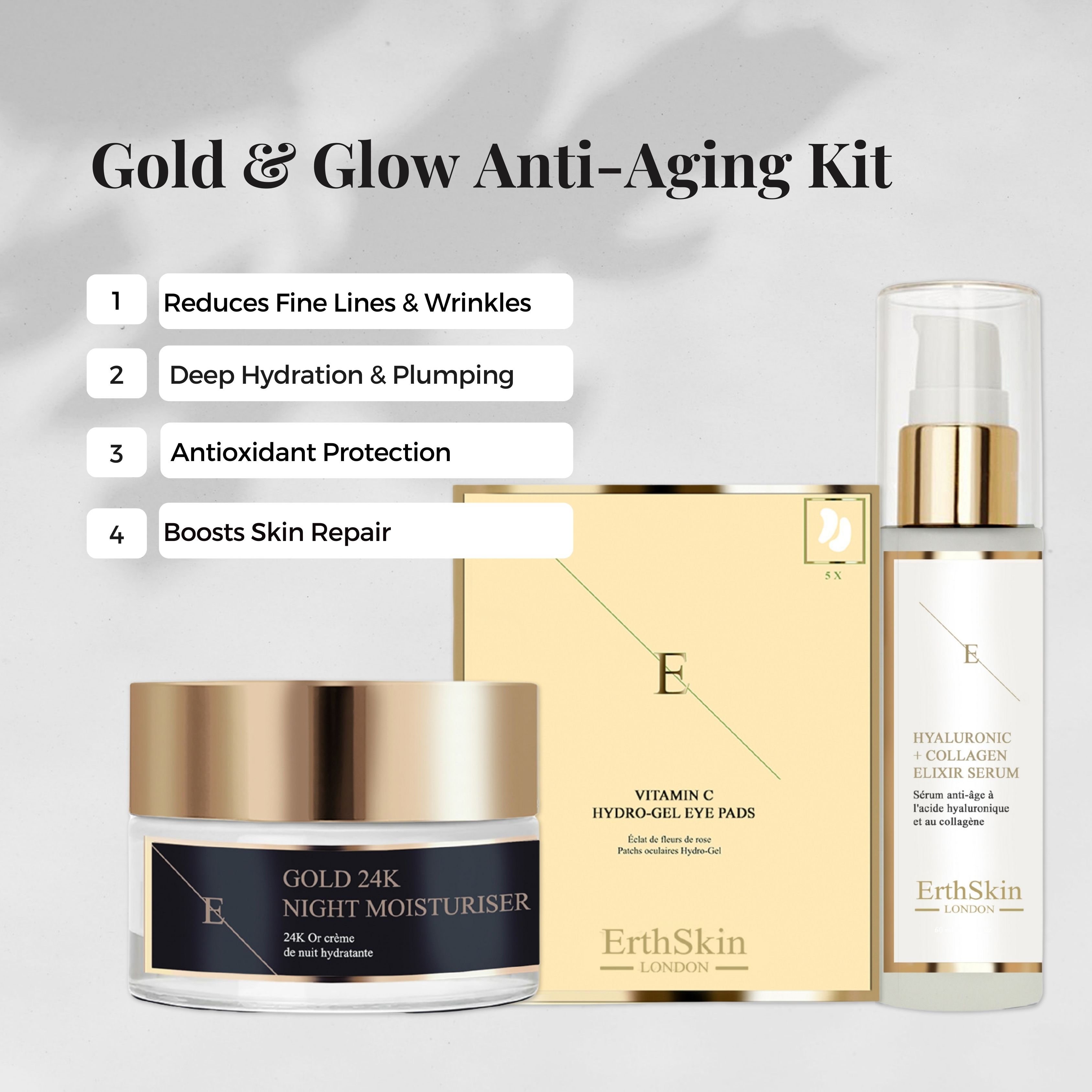 Drie producten: nachtcrème, oogpads en serum. Gouden deksels en verpakking. Opschriften: ErthSkin London, Gold 24K Night Moisturiser, Vitamin C Hydro-Gel Eye Pads, Hyaluronic + Collagen.