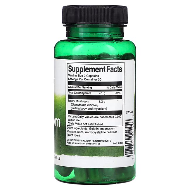 Groene fles met zwarte dop. Achterkant met voedingsfeiten, inclusief "Reishi Mushroom" en ingrediënten.