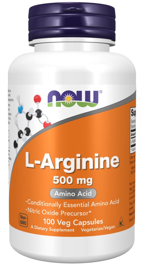 Flacon blanc avec bouchon bleu. Inscription: NOW, L-Arginine 500 mg, 100 gélules végétales. Étiquette orange avec informations produit.