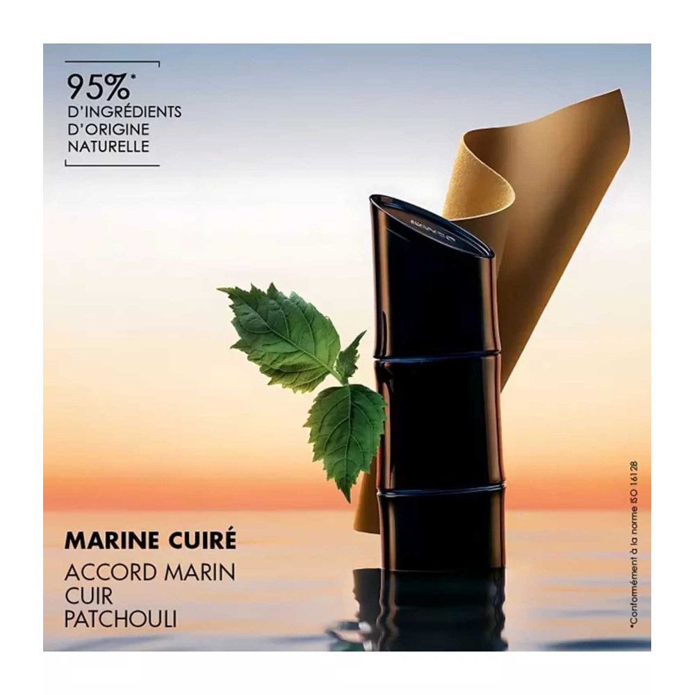 Flacon bleu foncé, feuilles et papier. Texte : MARINE CUIR, ACCORD MARIN, CUIR, PATCHOULI.