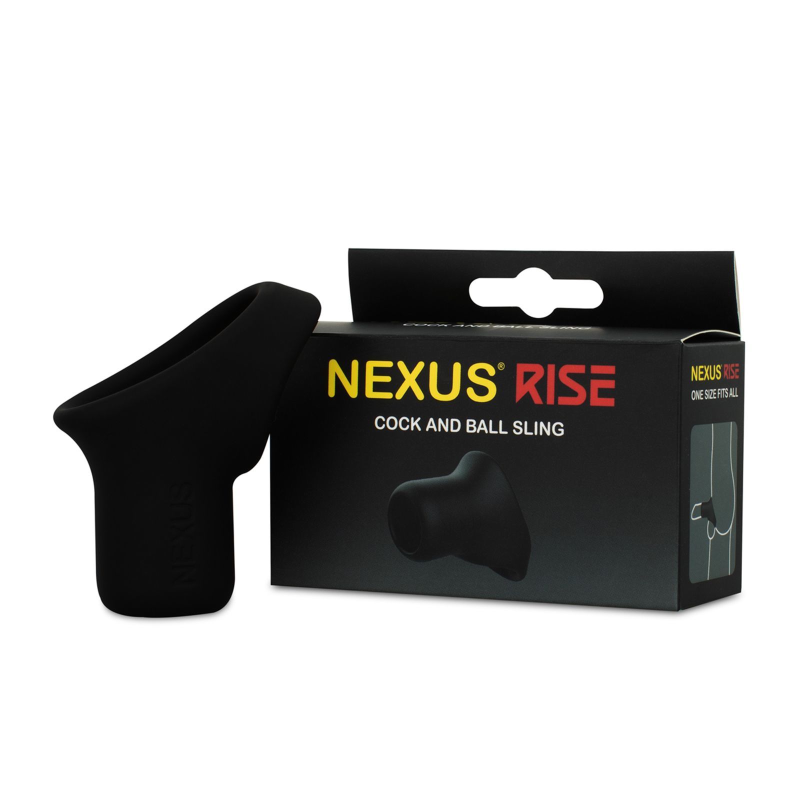 Zwart product naast zwarte verpakking met "NEXUS RISE" en afbeelding.