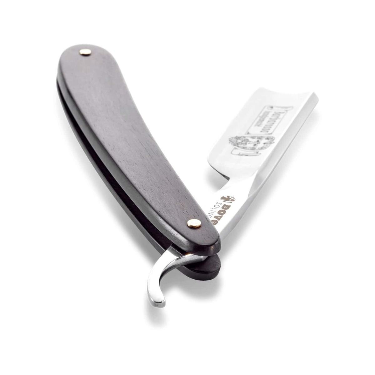 Rasoir ouvert. Manche en bois, lame gravée "Barbarossa" et logo "DOVO Solingen".