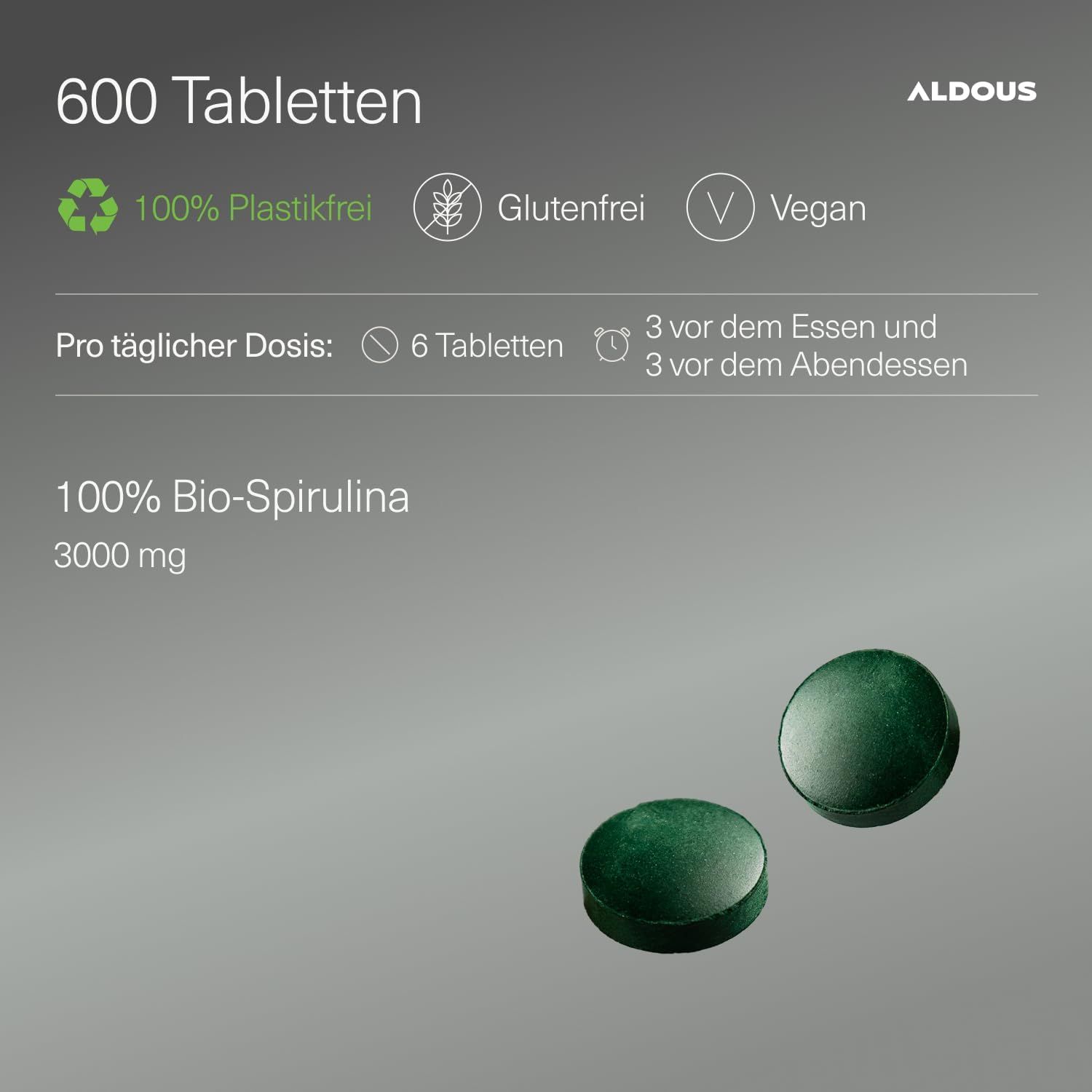Comprimés Aldous Spirulina, 600 pièces, 100% sans plastique, Sans gluten, Vegan. 3000 mg de spiruline bio par dose.