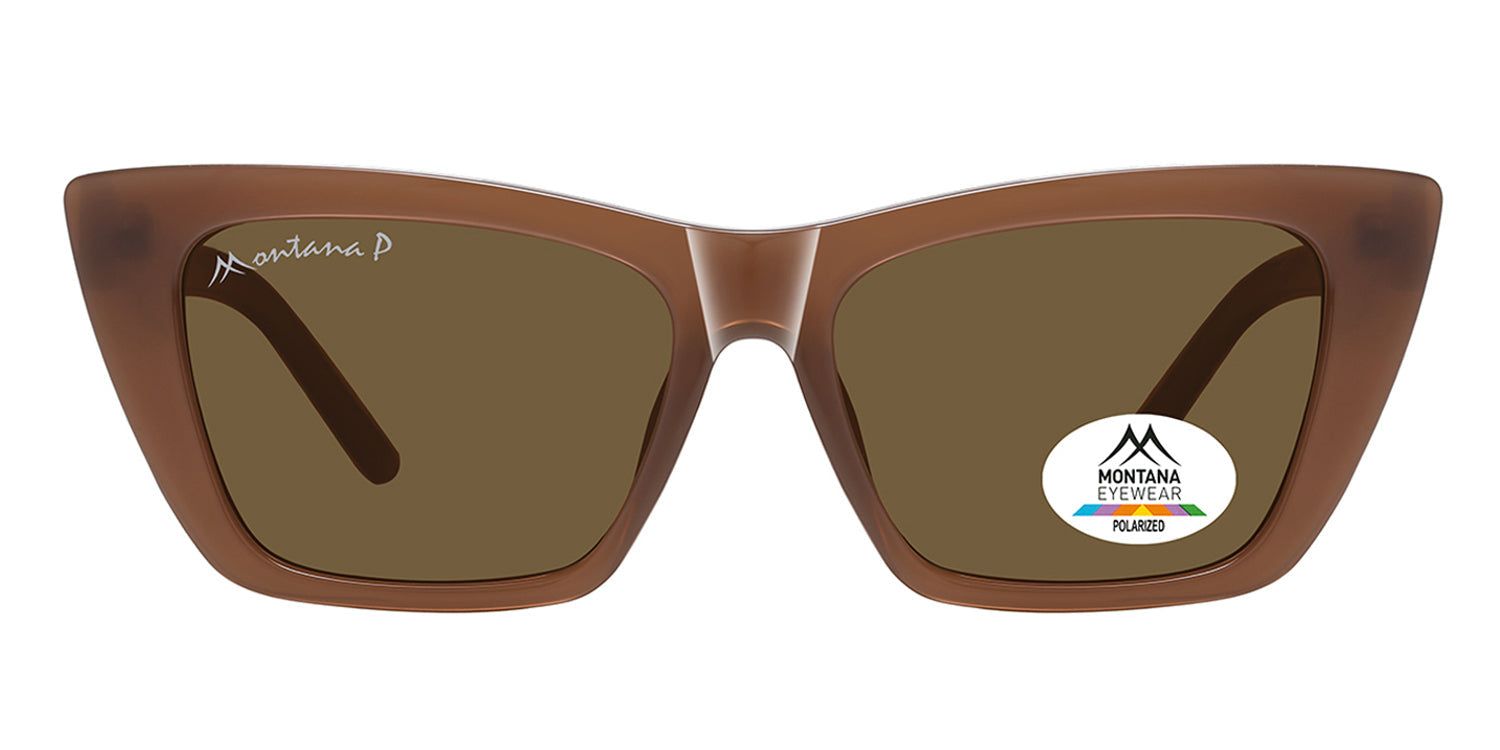 Bruine zonnebril met vierkante glazen. Montana Eyewear logo en Polarized sticker. Bruine poten en montuur.