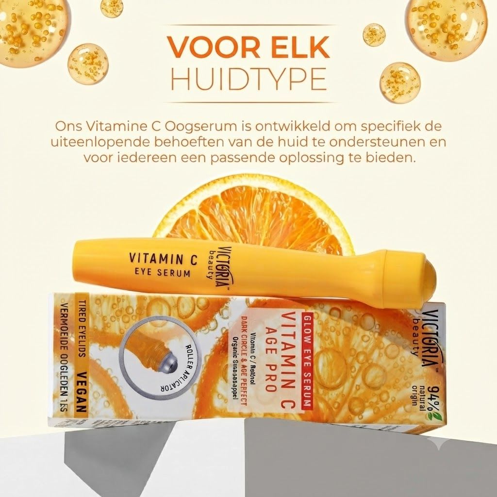 Victoria Beauty Vitamine C Oogserum met roller applicator. Oranje pen en verpakking met sinaasappelschijf.