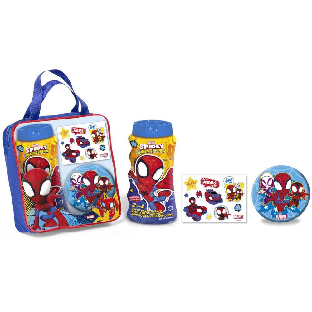 Spiderman-set met tas, douchegel, stickers en doos. Spiderman-ontwerp, blauwe en rode kleuren. Afzonderlijke elementen zichtbaar.