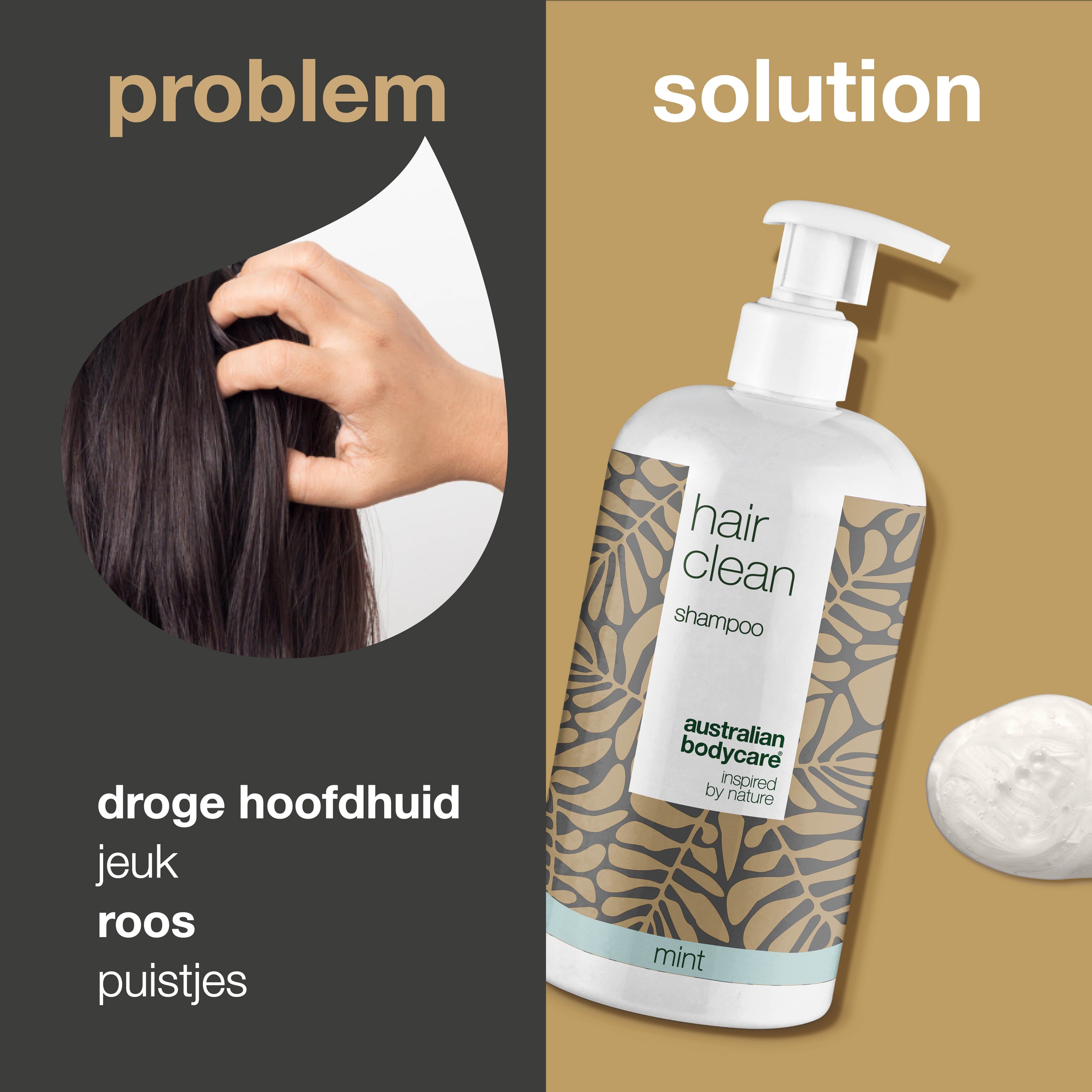 Probleem-oplossing concept. Shampoo fles naast tekst en hand met haar. Opschrift: Hair Clean, Australian Bodycare, Mint.