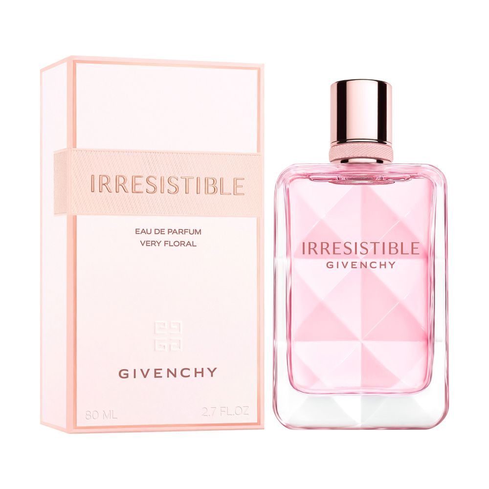 Parfumfles en verpakking. Roze glazen fles met dop. Opschrift: Irresistible, Givenchy. Verpakking met logo.
