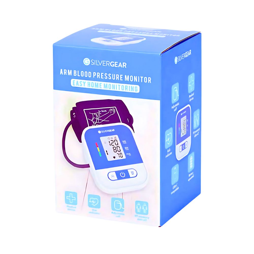 Verpakking van de Silvergear bovenarm bloeddrukmeter met productafbeelding en functies.