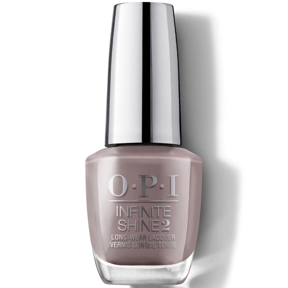 Flacon de vernis à ongles OPI Infinite Shine 2. Bouchon argenté, vernis taupe.