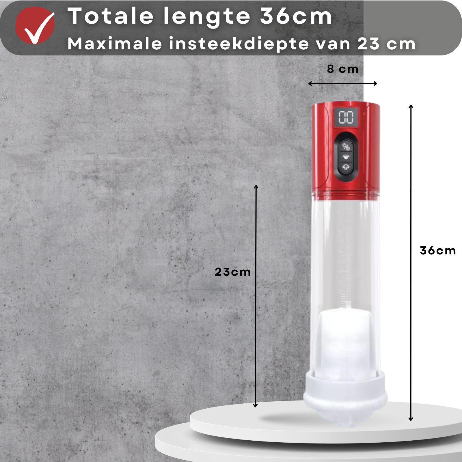 Penispomp met rode kop, accessoires en afmetingen. Tekst: 36cm lengte, 23cm diepte, 8cm diameter.