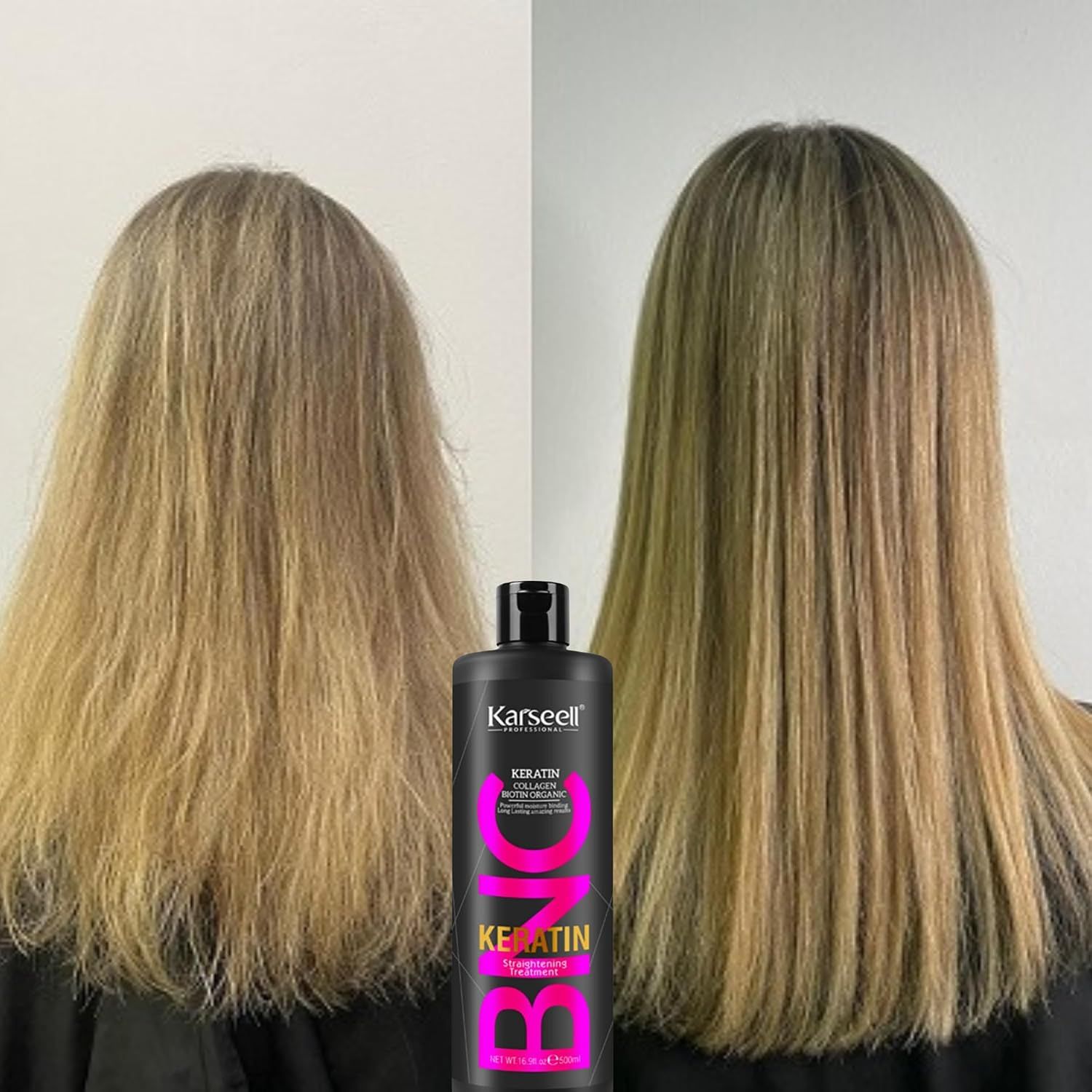 Comparaison avant-après de cheveux traités avec Karseell Kératine. Cheveux lissés et brillants après application.